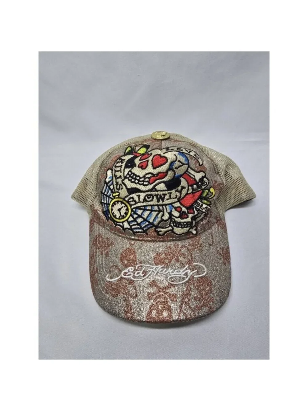 ED HARDY Snapback Trucker Hat Gold Glitter Skull Mesh Cap- Y2K STYLE- Unisex